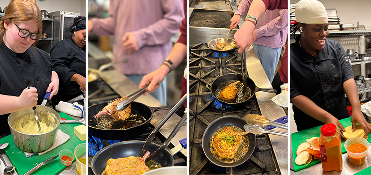 People cooking in a kitchen—mixing ingredients, frying on the stove, and chopping vegetables.