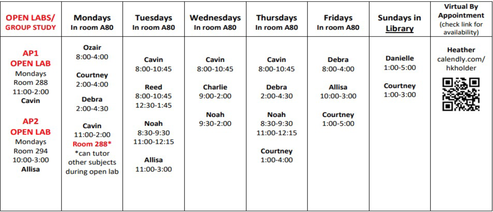 tutoring schedule