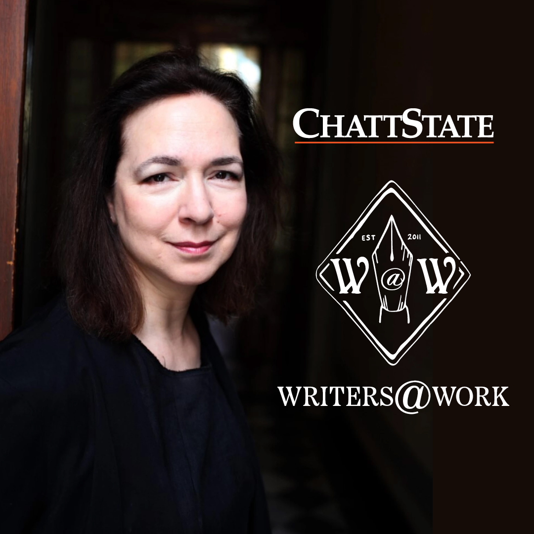 A photo of Lorrie Moore by the ChattState and Writers at Work logos