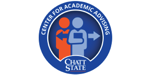 Advising Center at ChattState with people exchanging information in a blue circle