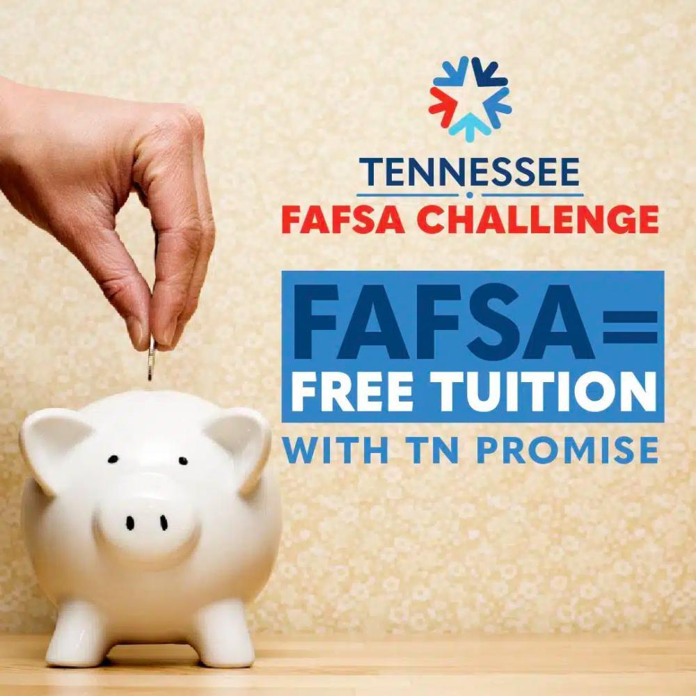 hand putting a coin into a piggy bank, FAFSA = free tuition with TN Promise