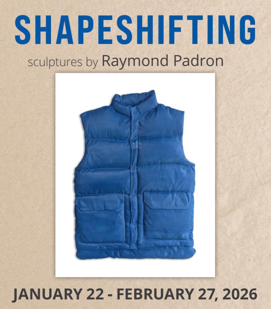 image of a blue vest, advertising a sculpture exhibit called "Shapeshifting"