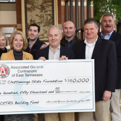 Associated General Contractors of East TN present $150,000 check to Dr. Tydings and leaders from Engineering division Caitlin Moffett and foundation brd member Roberta Miles