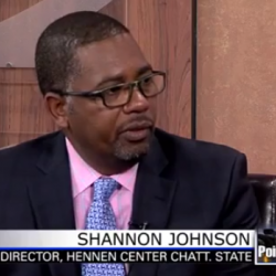 Image of Shannon Johnson on the news, he is the director of the Hennen Center at ChattState