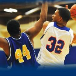 Image of two female basketball players shooting the ball and two male basketball players jostling over the ball