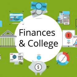 Finances & College on a white circle on a green background surrounded by financial icons