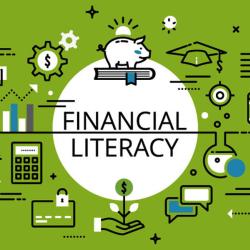 Financial Literacy: College & Finances College & Finances on a white circle on a green background surrounded by financial icons
