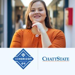 A young woman in a professional orange top stands in a hallway. This graphic includes ChattState and BlueHorizon logos.