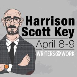 An illustration of Harrison Scott Key next to Writers@Work logo.