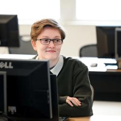 Katie Luck attends Assistant Professor of Practice Bill Worden’s Secure Mobile App Development class in the Engineering and Computer Science building. Photo by Angela Foster.