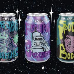 Five beer can designs reading "Not so Shy Halud," "JarJar Drinks," "Fender Bender," "Spock Bock," and "Preppy PRED Porter."