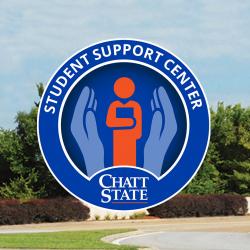 student support center badge against a photo of campus entrance