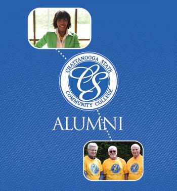 alumni lady and three men and chattstate logo