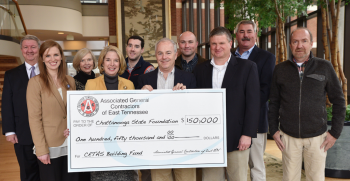 Associated General Contractors of East TN present $150,000 check to Dr. Tydings and leaders from Engineering division Caitlin Moffett and foundation brd member Roberta Miles