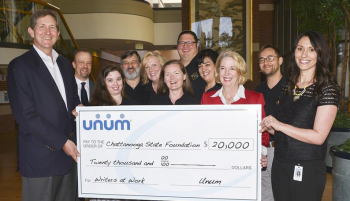 Unum leaders present Check in amt of $20,000 to Dr. Flora Tydings and writers@work faculty