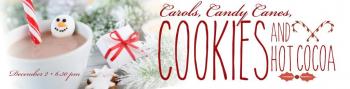 background has hot cocoa with candy cane, Image reads: Carols cookie and hot cocoa, Dec. 2, 6:30 pm
