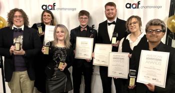 Seven ADDY Award winners in formal attire stand side-by-side holding their awards. Left to right: Sam Hammond, Tess Little, Kaitlyn Whalen, Jaden Bane, Christopher Phillips, Allison Ferguson, and Freddy Pantaleon Seven ADDY Award winners in formal attire stand side-by-side holding their awards. Left to right: Sam Hammond, Tess Little, Kaitlyn Whalen, Jaden Bane, Christopher Phillips, Allison Ferguson, and Freddy Pantaleon