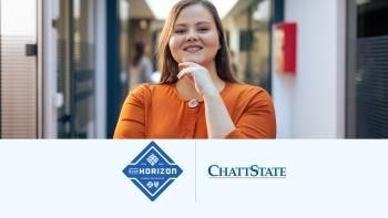 A young woman in a professional orange top stands in a hallway. This graphic includes ChattState and BlueHorizon logos.