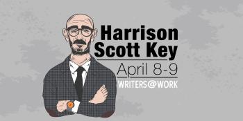 An illustration of Harrison Scott Key next to Writers@Work logo.