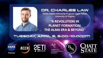 This image promotes Dr. Charles Law’s lecture titled “A Revolution in Planet Formation: The ALMA Era and Beyond.” The event is held Thursday, April 9, from 6 to 10 p.m.