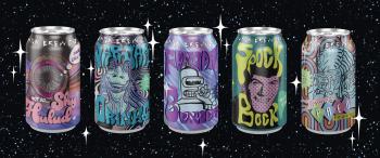 Five beer can designs reading "Not so Shy Halud," "JarJar Drinks," "Fender Bender," "Spock Bock," and "Preppy PRED Porter." Five beer can designs reading "Not so Shy Halud," "JarJar Drinks," "Fender Bender," "Spock Bock," and "Preppy PRED Porter."