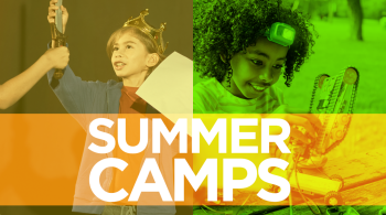 Children are seen playing with a robot and acting in costume. Text on the image reads, "Summer Camps." Children are seen playing with a robot and acting in costume. Text on the image reads, "Summer Camps."