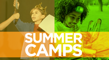 Children are seen playing with a robot and acting in costume. Text on the image reads, "Summer Camps."