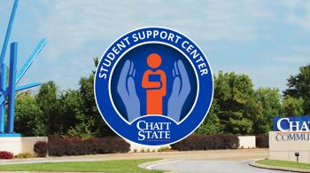 student support center badge against a photo of campus entrance