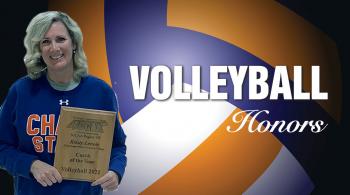 coach kristy lenoir with her award plaque on a volleyball ball background