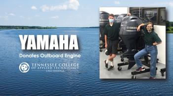 chattstate students with newly donated yamaha motor against a lake background